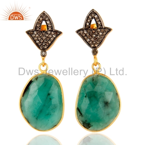 Round Brilliant Cut Silver Emerald Pave Diamond Gold Plated Earring