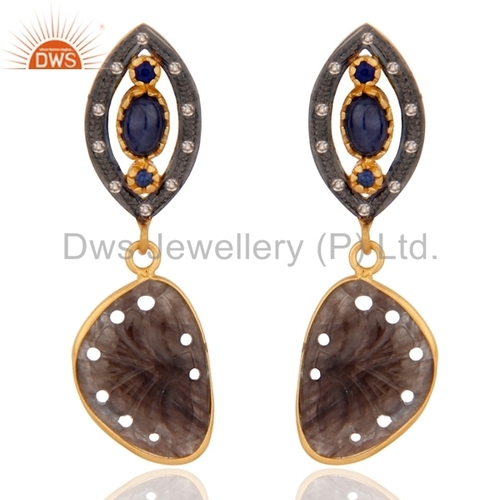 Pave Diamond Earring - 925 Silver, Blue Sapphire Carving | Round Brilliant Cut Features