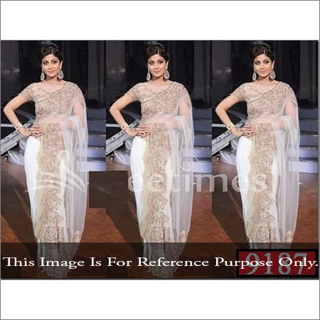 Nett Fabric Ethnic Wear - Golden and White Embroidered Design, Short Sleeve, All Season, Washable, No Fade