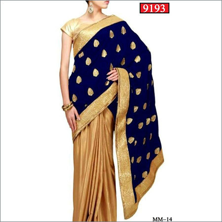 9193 - Georgette + Mati Jeri Fabric, Approx 1 kg, Navy and Golden Color, Ethnic Indian Design, No Fade, Washable, All Season, Short Sleeves