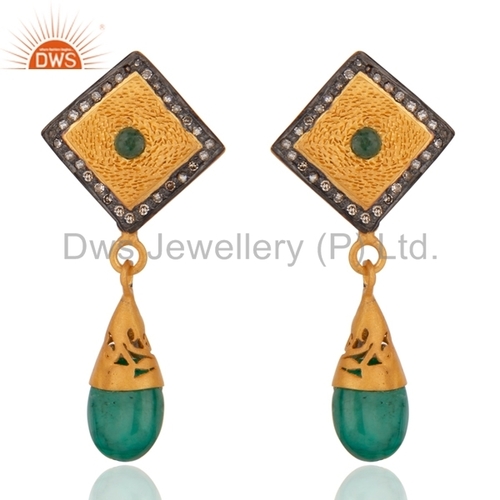 Round Brilliant Cut Silver Emerald Pave Diamond Gold Plated Earrings