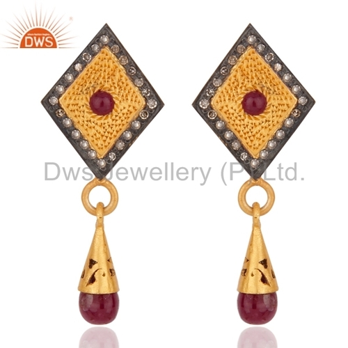 Round Brilliant Cut Pave Diamond Gold Plated Designer Ruby Earrings