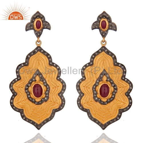 Ruby Diamond Pave 18K Gold Plated Sterling Silver Earrings - Round Brilliant Cut Diamonds | Exquisite Luxury Jewelry Accessory