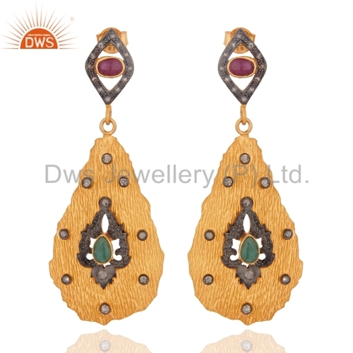 Sterling Silver Pave Diamond Ruby Earrings - Round Brilliant Cut Diamonds, Handcrafted Elegance with Stunning Ruby Accents