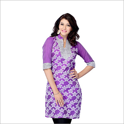 Kurti - Cotton, 40 Inches, Purple | Floral Embroidery, Elegant Design, Comfortable Fabric, V-Neck, 3/4 Sleeve, Perfect Fit