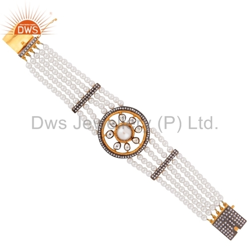 Pearl Beads 18k Gold Plated CZ Crystal Polki Bracelets