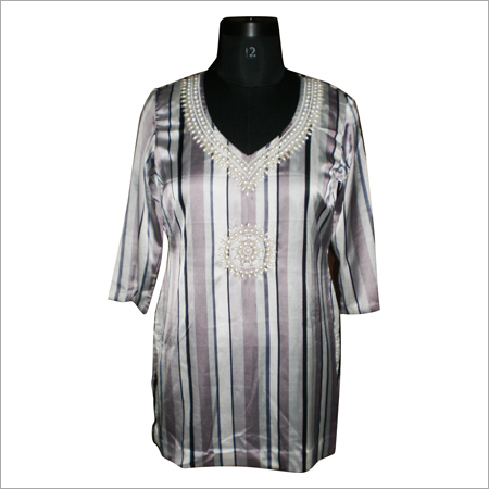 Striped Satin Kurti - Satin, S-M-L, Mauve & Grey Stripes | Pearl Embroidery, Smooth Finish, Glamorous Look