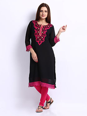 Kurti - Cotton, 45 Inches, Black | Floral Embroidery, Elegant Design, Comfortable Fit, Three Quarter Sleeve