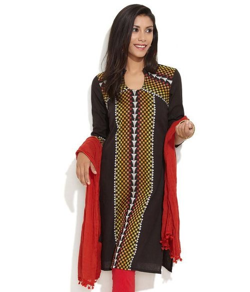 Kurti - Cotton, 44 Inch, Black | Elegant Design, Comfortable Fabric, V-Neck, 3/4 Sleeves, Perfect Fit