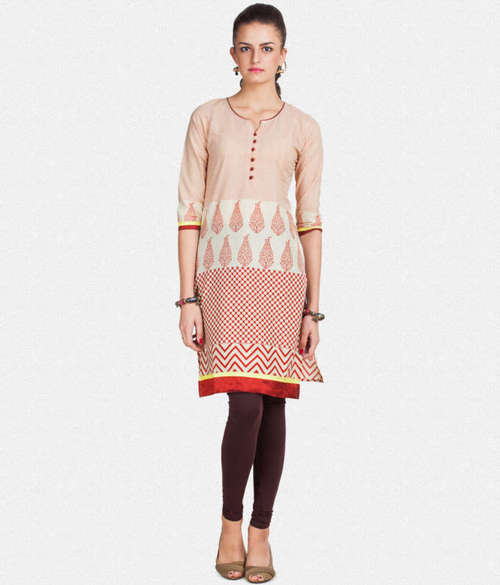 Kurti - Cotton, Knee-Length, Beige | Elegant Design, Comfortable Fit, Soft Fabric, Mandarin Neckline, Printed Pattern, Three-Quarter Sleeve
