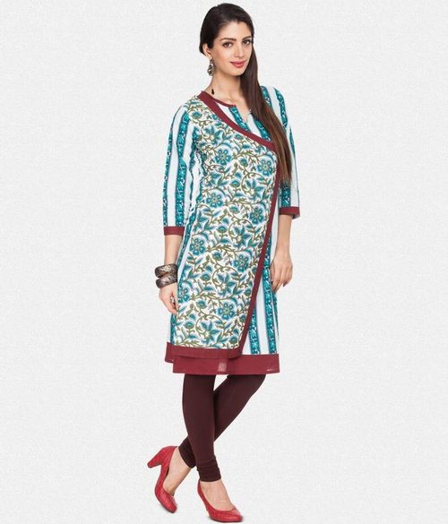 Kurti - Cotton Blend, 42 Inches, Teal | Stylish Design, Comfortable Fit, Versatile Style, Elegant Look, Unique Pattern, Relaxed Fit, V-Neck, 3/4 Sleeves, S-XL