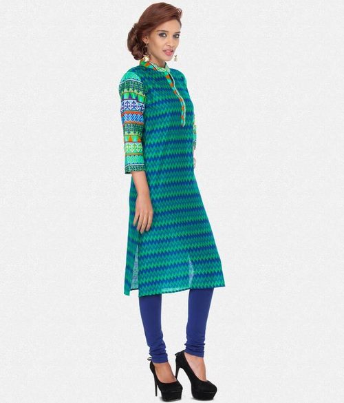 Kurti - Cotton, 45 Inches, Teal | Stylish Design, Comfortable Fit, Mandarin Neck, Three Quarter Sleeve