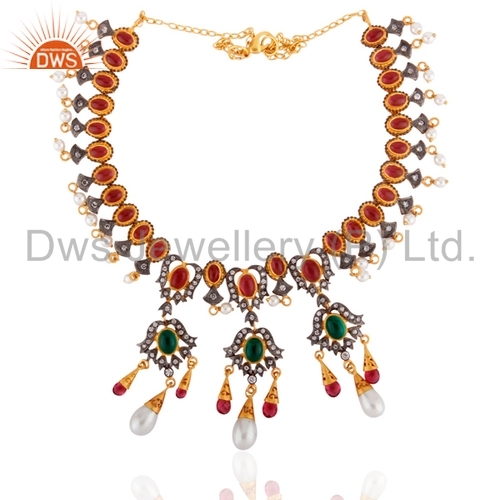 Ruby Glass Pearl Rhinestone 18K Gold Plated Nacklace