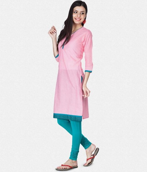 Kurti - Cotton, 44 Inches, Pink | Comfortable Fabric, Elegant Design, Stylish Look, Perfect Fit, Versatile Style, V-Neck, 3/4 Sleeves, Size M-3XL
