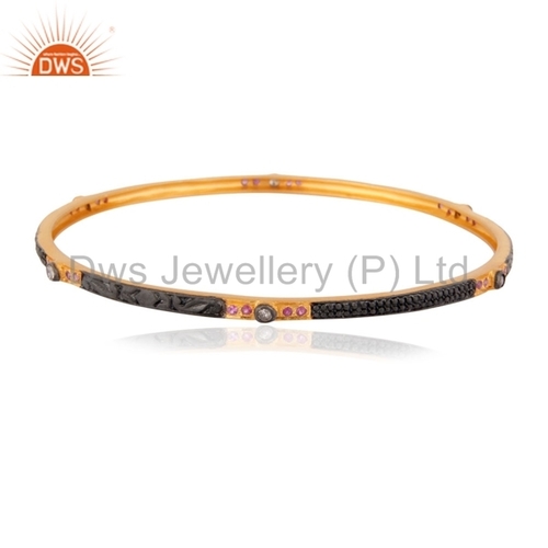 Round Brilliant Cut Designer Gold Plated Ruby Natural Diamond Bangle