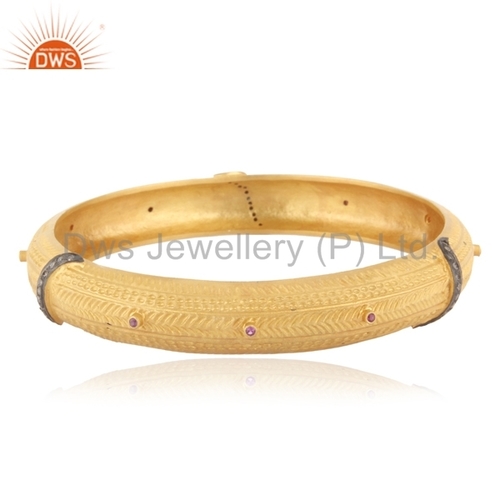 Round Brilliant Cut Natural Diamond Yellow Gold Plated Designer Bangle