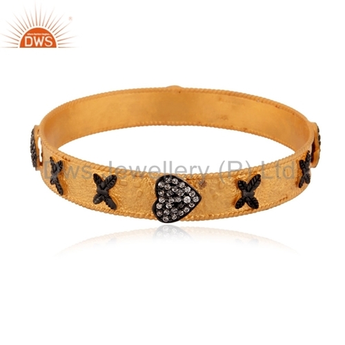 24k Gold Plated Sterling Silver Bangle 60x5mm, White Zircon Accents, Hammered Finish