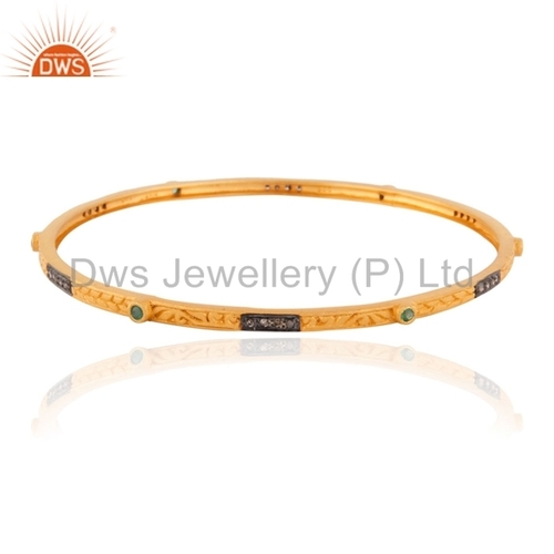 Round Brilliant Cut Gemstone Diamond Gold Plated Silver Emerald Bangle