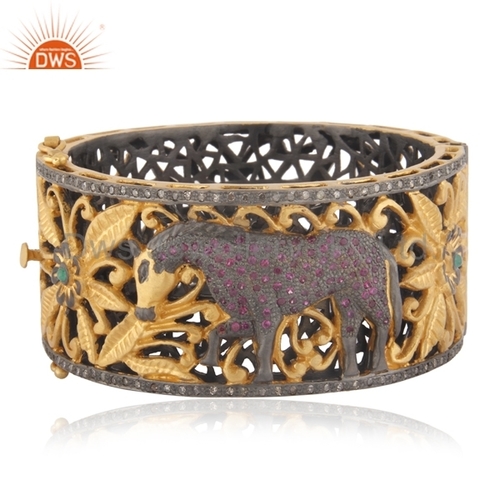 Sterling Silver - 18k Gold Plated, Round Brilliant Cut Ruby Diamonds Bangle