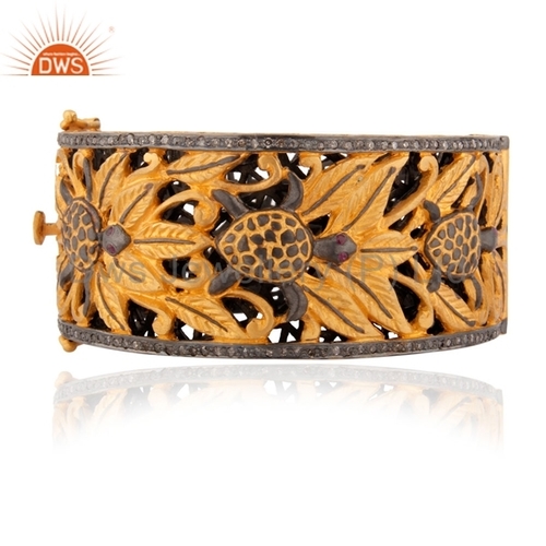 Round Brilliant Cut Gold Plated Pave Diamond Traditional Bangles