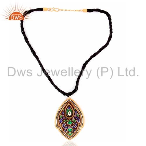 Crystal Quartz Kundan Meena Sterling Silver Pendant