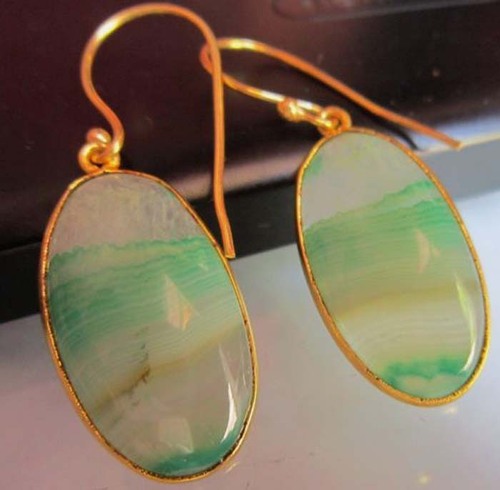 Natural Chalcedony Green White Oval Shape Ready To Wear Earrings 32.80Cts 15X27Mm  Weight: 1-8 Grams (G)