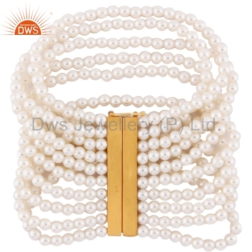 White Pearl Beads Sterling Silver Bracelet