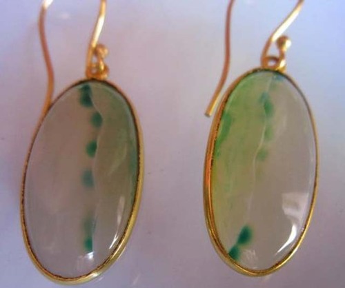 Natural Chalcedony Earrings - 28cts Oval Shape in Green and White, Yellow Gold Accent with Cat Effect