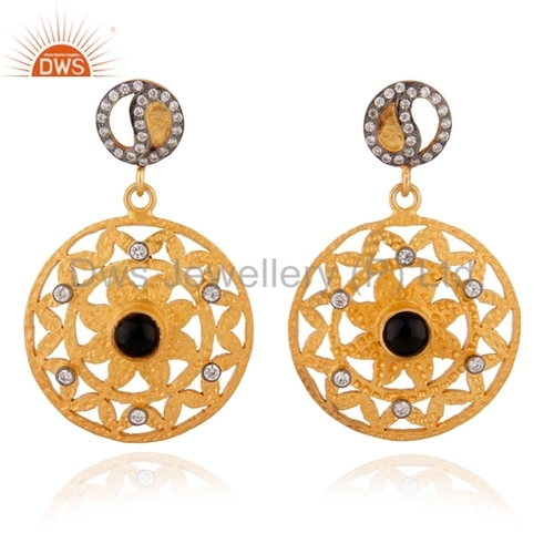 Onyx Cz Gemstone Designer Gold Plated Earrings Gender: Women