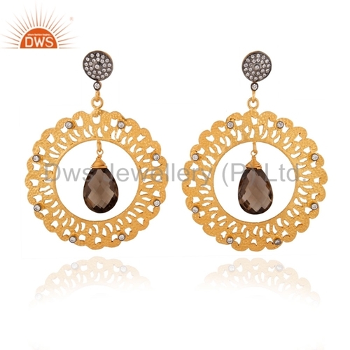 Handmade Gold Plated Designer Silver Earrings - 68x49 mm Smoky Quartz and CZ, Unisex and Women's Drop Jewelry for Weddings, Anniversaries, and Parties