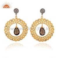 Handmade Gold Plated Designer Silver Earrings - 68x49 Mm Smoky Quartz And Cz, Unisex And Women's Drop Jewelry For Weddings, Anniversaries, And Parties