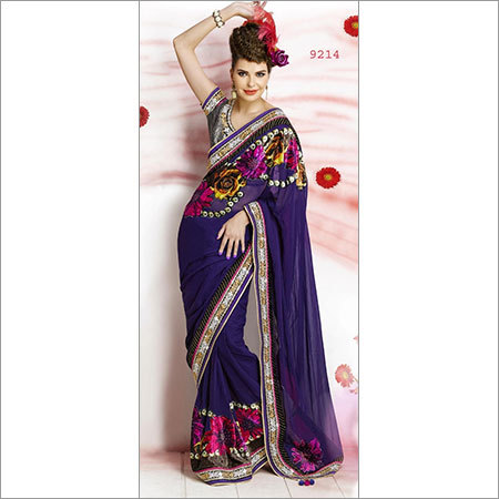 9214 - Bamberg Fabric, Approx 1 kg, Blue Embroidered Bollywood Saree | Suitable for Summer, Winter, Rainy, and Spring Seasons