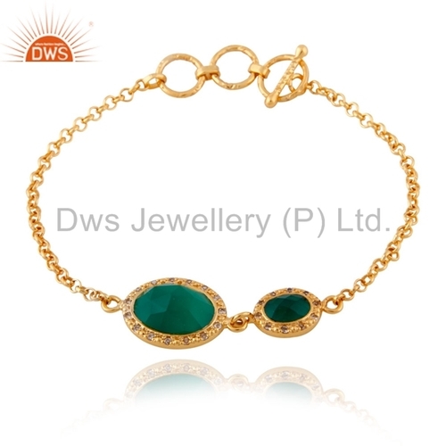 Green Onyx Sterling Silver White Topaz 18K Gold Plated Bracele