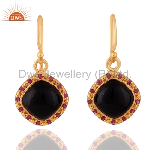 18K Gold Plated Black Onyx Sterling Silver Ruby Earrings