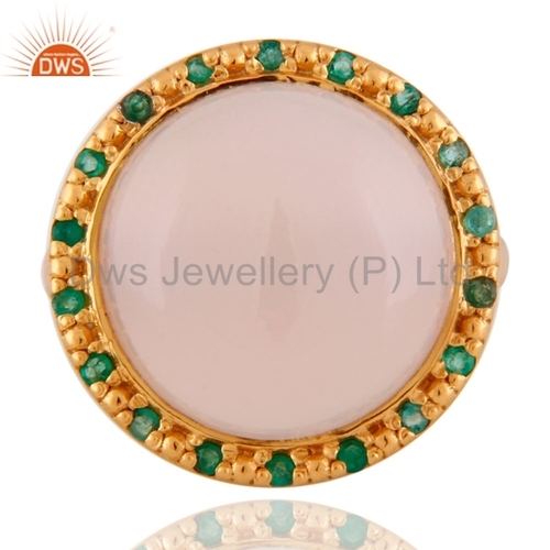 Rose Chalcedony 18K Gold Sterling Silver Emerlad Ring