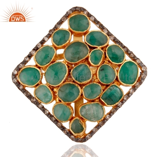 Natural Emerald and Diamond Ring - Gold Over Silver, Size 5 to 10 US | Handcrafted Elegant Jewelry with Semi-Precious Gemstones