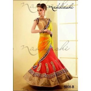 Lehnga - Silk Blend, 54 Inches, Yellow-Orange | Handcrafted Embroidery, Elegant Design, Adjustable Waist, Comfortable Fit