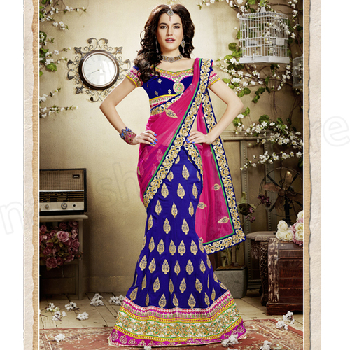 Lehnga - Velvet, 54 Inches, Blue | Handcrafted Embroidery, Elegant Design, Comfortable Fit