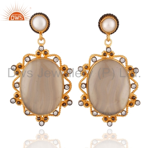 18ct Gold Vermeil on Sterling Silver Pearl White Agate Earrings