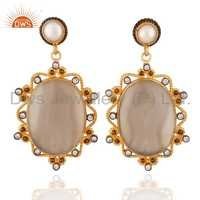 18ct Gold Vermeil On Sterling Silver Pearl White Agate Earrings