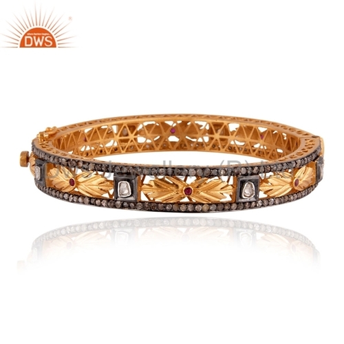 Round Brilliant Cut 925 Silver Pave Diamond Gold Plated Bangle Jewelry