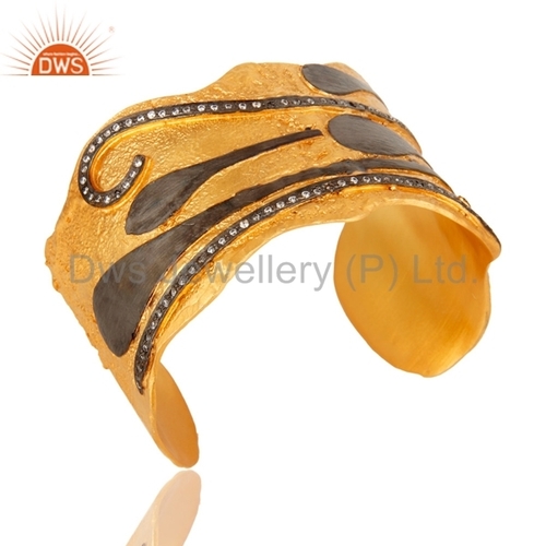 Black Rhodium & Gold Plated White Zircon Cuff - Rhodium, Gold, 60x25mm | Elegant Design, Durable, Stylish Accessory