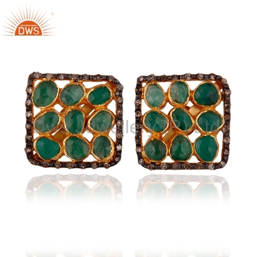 Designer 925 Silver Earrings - Emerald Beaded, Pave Diamond Studs with Exceptional Craftsmanship