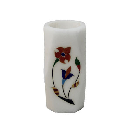 Marble Pen Stand with Stone Inlay work