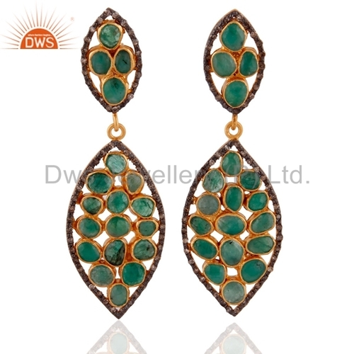 Round Brilliant Cut Silver Pave Diamond Emerald Gold Plated Earrings