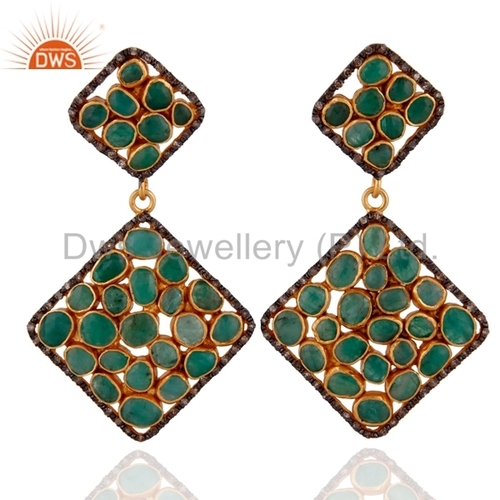 Sterling Silver Emerald Pave Diamond Earrings - 18K Gold Plated, Round Brilliant Cut | Exquisite Design, High Fashion Appeal, Smooth Finish