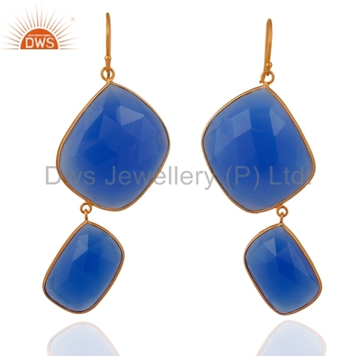 Designer Blue Chalcedony Gemstone Earrings - 18k Gold Sterling Silver, Blue Stone