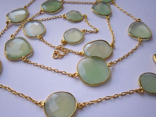 Green Prehnite Chalcedony 15 Pcs Connectors Gold Plated Chain 40 Inch 