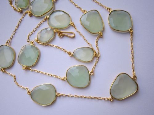 Green Prehnite Chalcedony 13 Pcs Connectors Gold Plated Chain 36 Inch