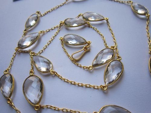 White Crystal Quartz Almond 11X20Mm To 15X20Mm 15 Pcs Connectors Gold Plated Chain 38 Inch 